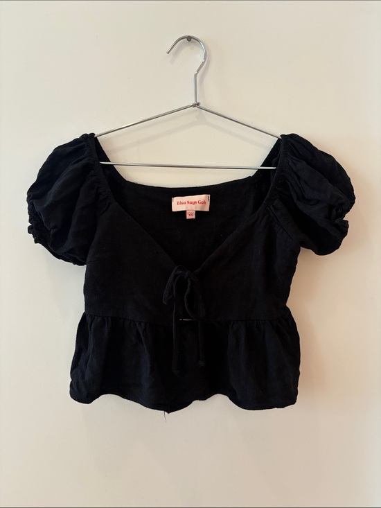 Lisa Says Gah Tops - Lisa Says Gah Black Puff Sleeve Tie-Front Peplum Top